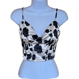Black & White Cow Print Corset Crop Top adj. Straps Satin babydoll fairycore